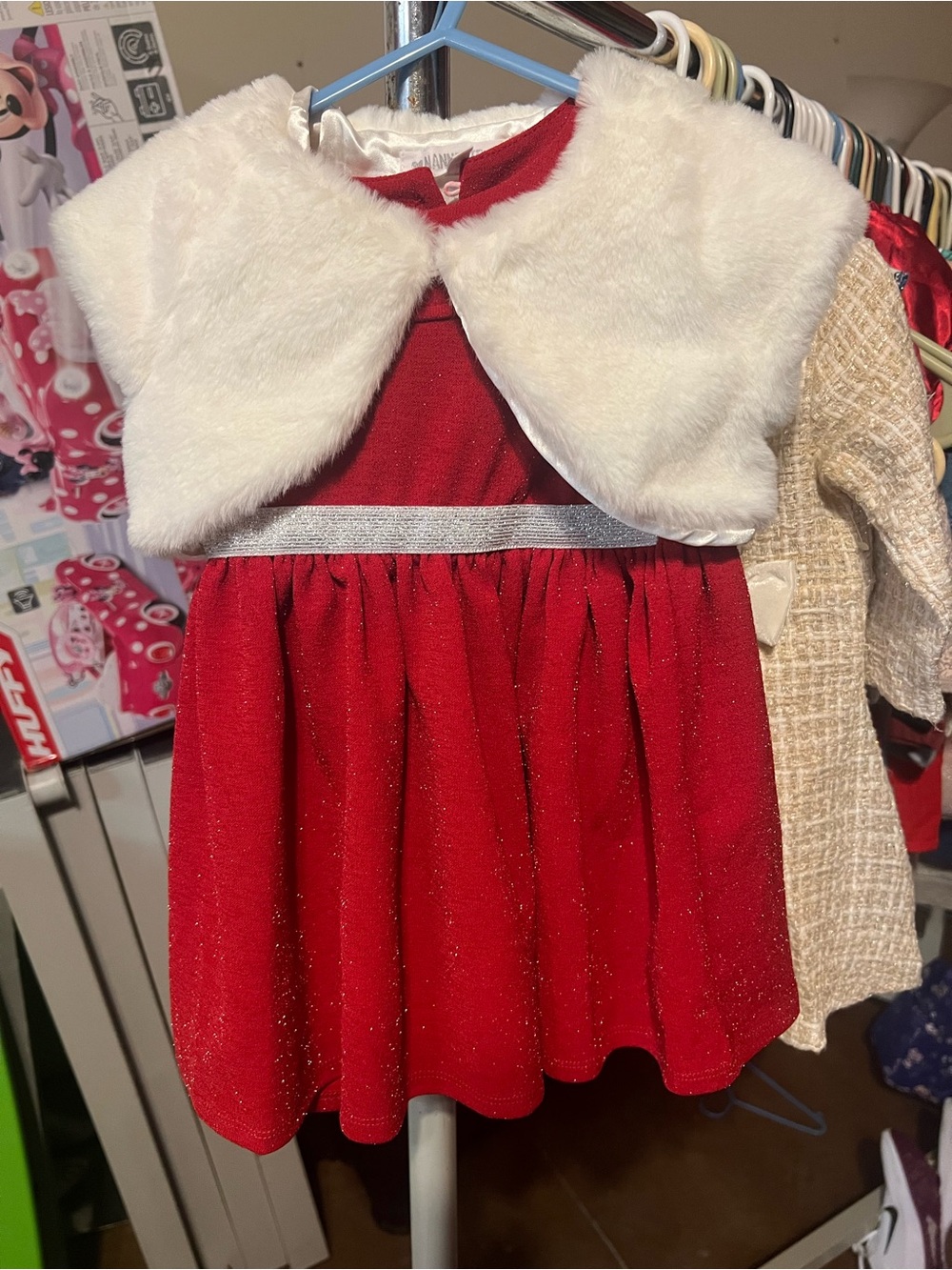 Nannette Red Dress with White Faux Fur Collar
